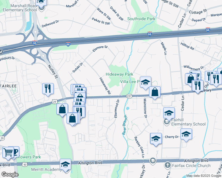 map of restaurants, bars, coffee shops, grocery stores, and more near 9010 Linda Maria Court in Fairfax