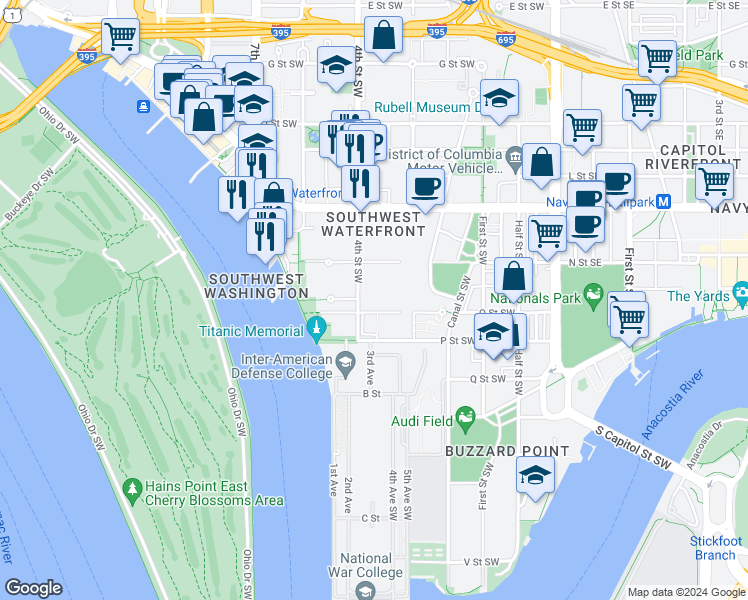 map of restaurants, bars, coffee shops, grocery stores, and more near 385 O Street Southwest in Washington