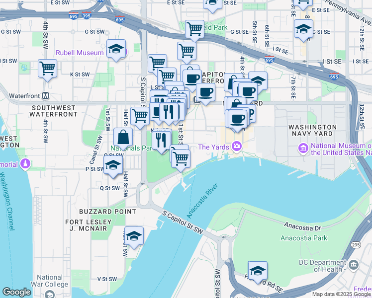 map of restaurants, bars, coffee shops, grocery stores, and more near 125 O Street Southeast in Washington