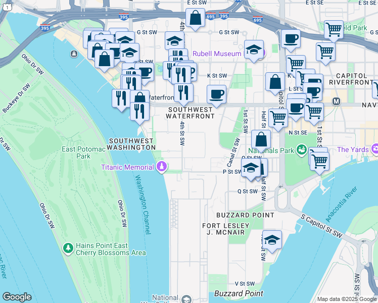 map of restaurants, bars, coffee shops, grocery stores, and more near 385 O Street Southwest in Washington
