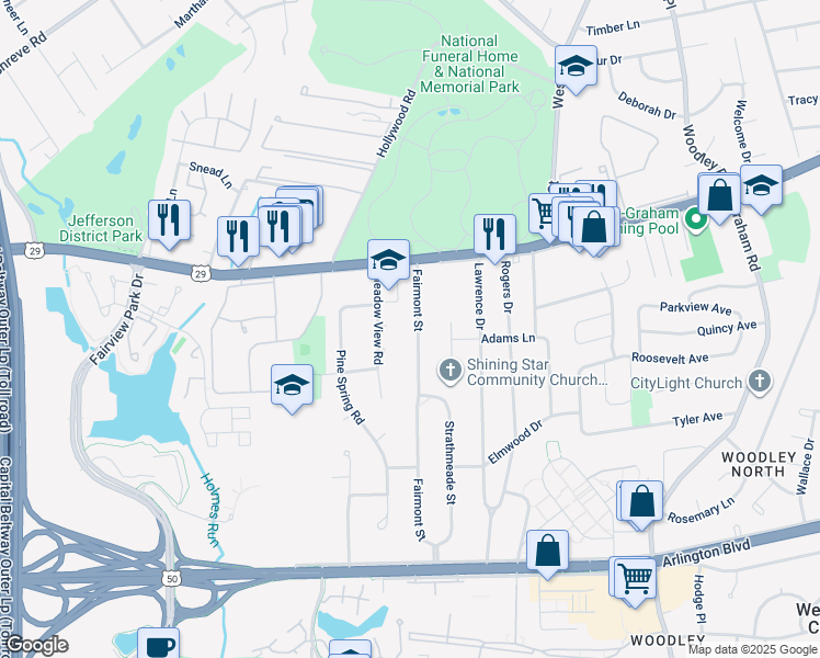 map of restaurants, bars, coffee shops, grocery stores, and more near 2902 Fairmont Street in Falls Church