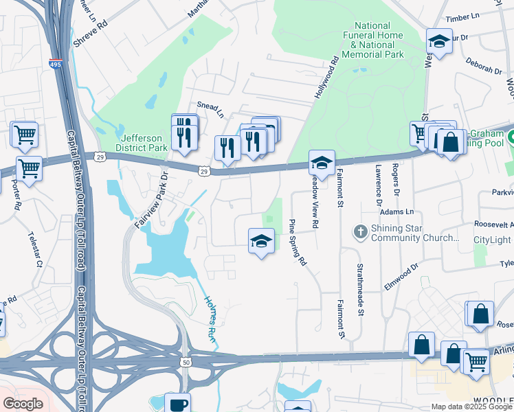 map of restaurants, bars, coffee shops, grocery stores, and more near 2864 Dover Lane in Falls Church