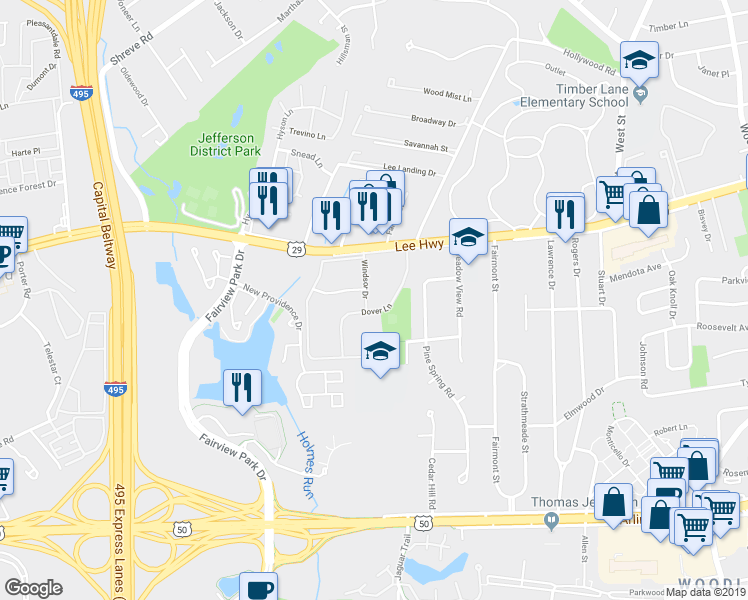 map of restaurants, bars, coffee shops, grocery stores, and more near 2864 Dover Lane in Falls Church