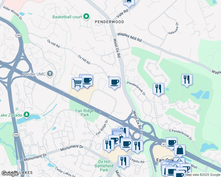 map of restaurants, bars, coffee shops, grocery stores, and more near 3965 Fair Ridge Drive in Fairfax