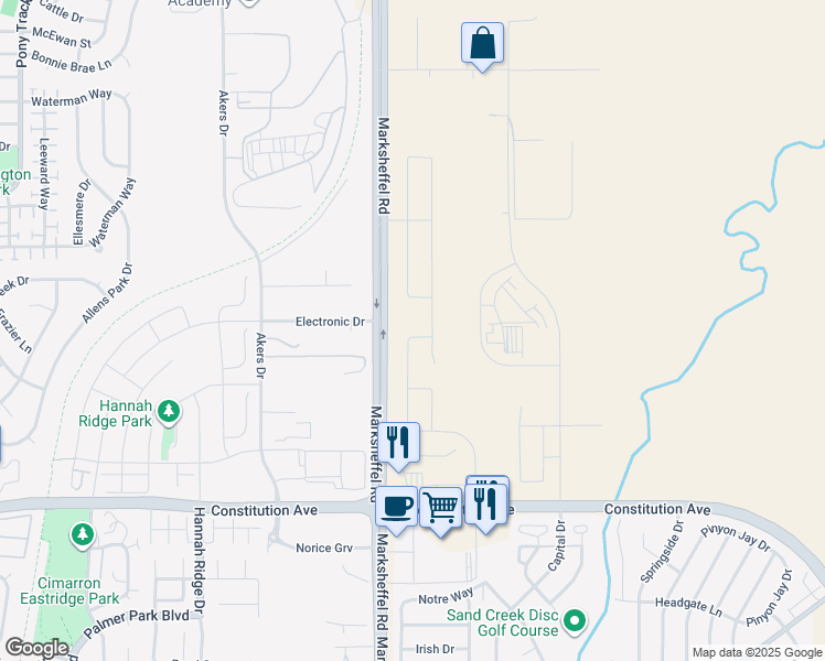 map of restaurants, bars, coffee shops, grocery stores, and more near 2924 Loot Drive in Colorado Springs