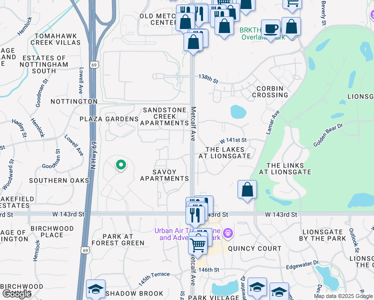 map of restaurants, bars, coffee shops, grocery stores, and more near 14100 Metcalf Avenue in Overland Park