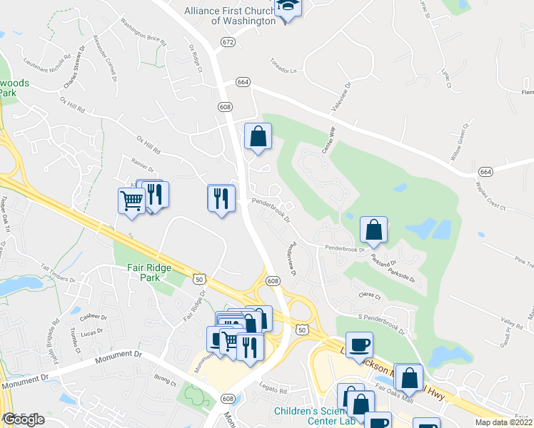map of restaurants, bars, coffee shops, grocery stores, and more near 12163 Penderview Terrace in Fairfax