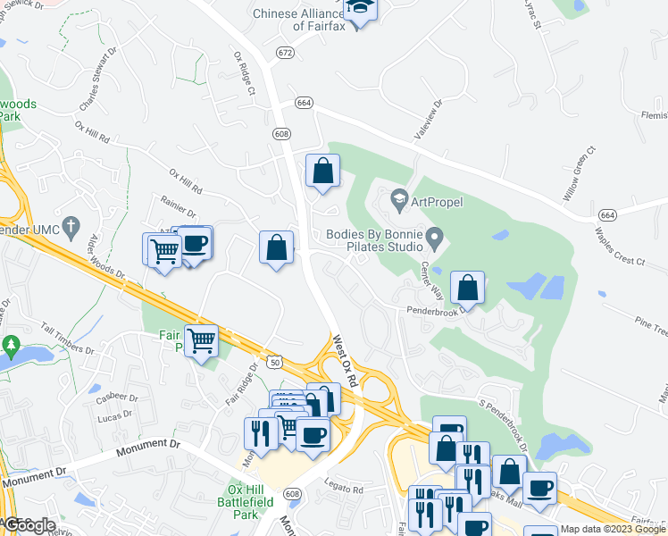 map of restaurants, bars, coffee shops, grocery stores, and more near 12163 Penderview Terrace in Fairfax