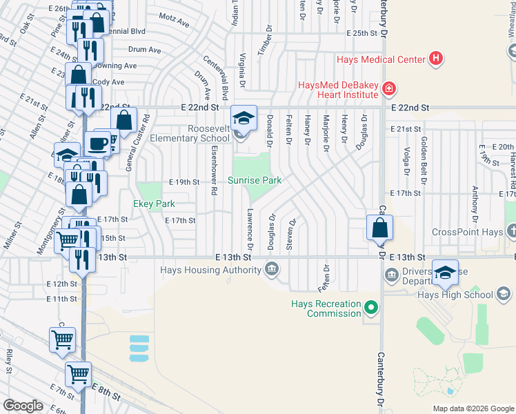 map of restaurants, bars, coffee shops, grocery stores, and more near 1322 East 19th Street in Hays