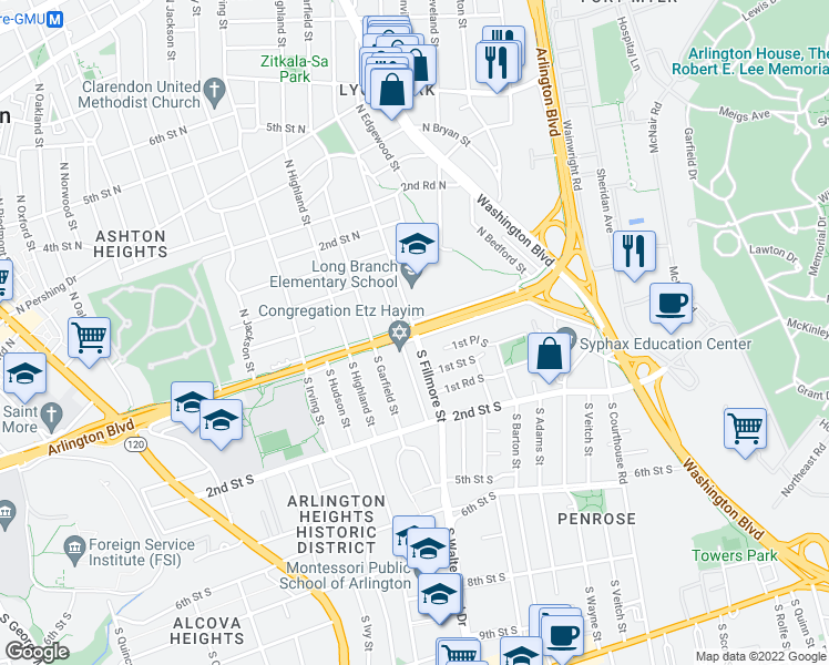 map of restaurants, bars, coffee shops, grocery stores, and more near Arlington Boulevard & South Fillmore Street in Arlington