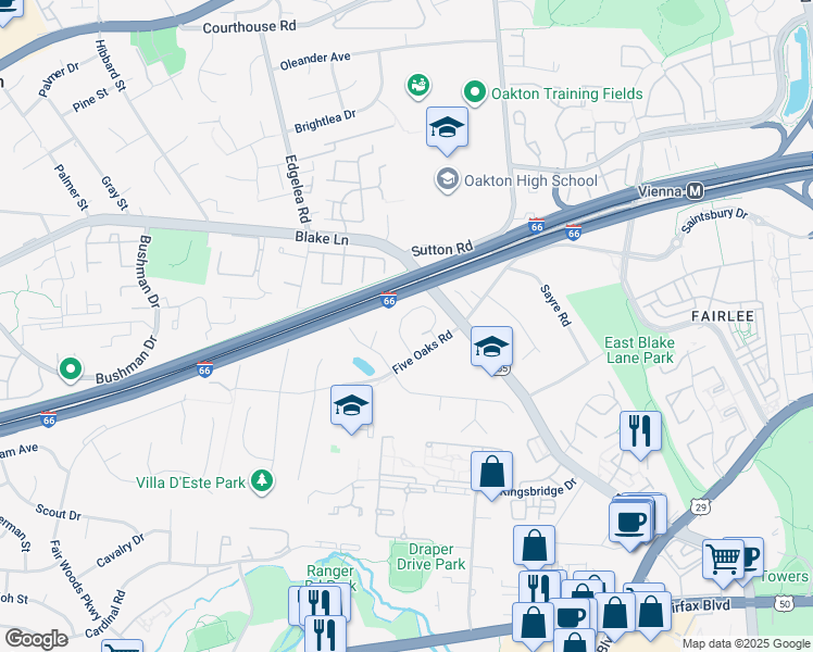 map of restaurants, bars, coffee shops, grocery stores, and more near 3026 Steven Martin Drive in Fairfax