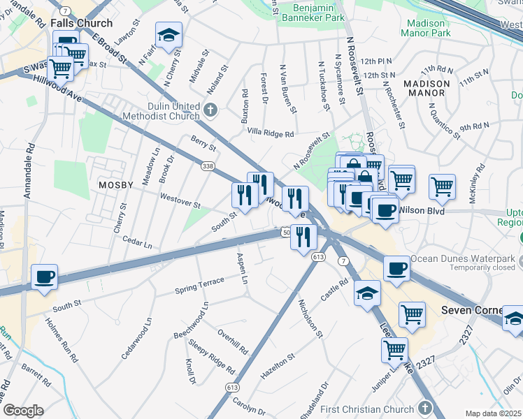 map of restaurants, bars, coffee shops, grocery stores, and more near 6402 Arlington Boulevard in Falls Church