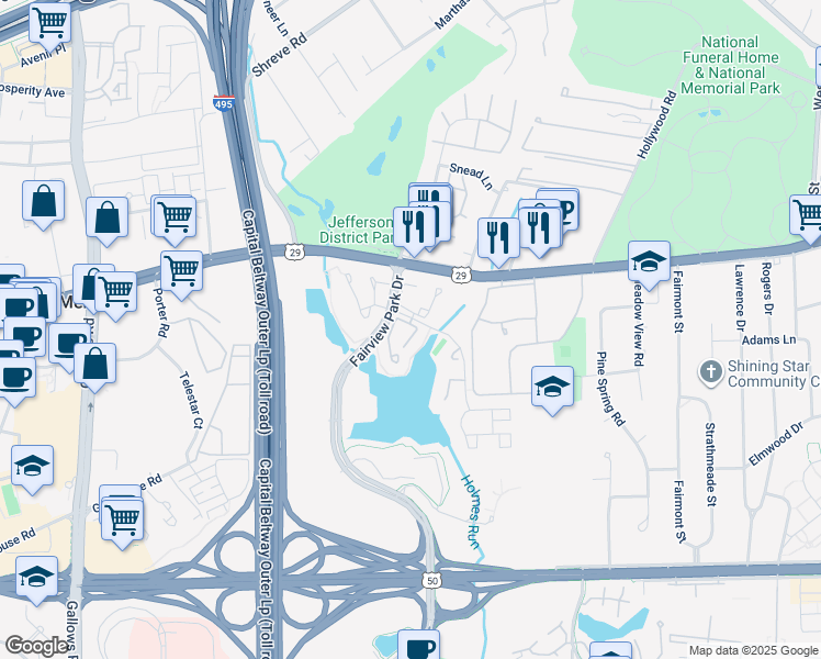 map of restaurants, bars, coffee shops, grocery stores, and more near 2797 Yarling Court in Falls Church