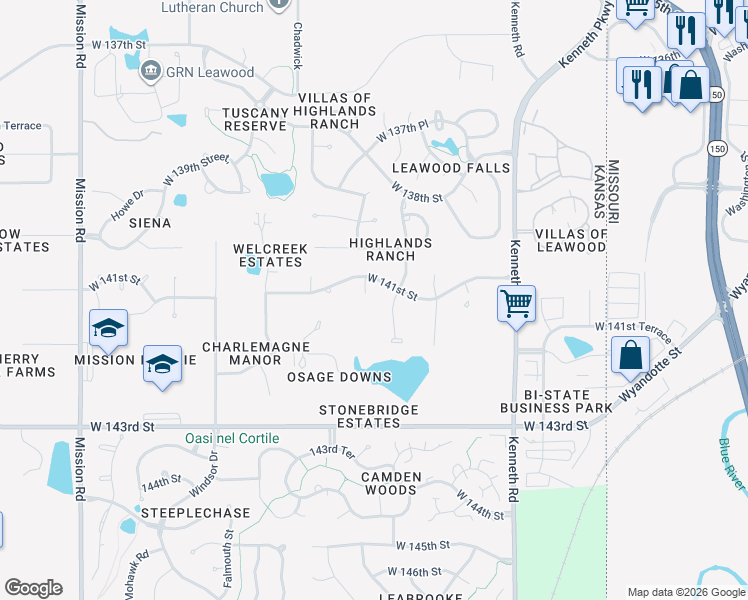 map of restaurants, bars, coffee shops, grocery stores, and more near 14100 Belinder Street in Overland Park