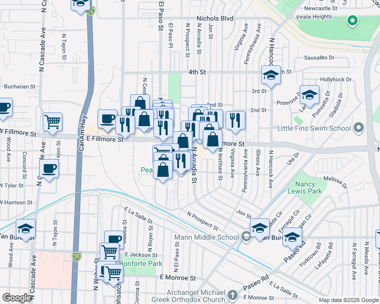 map of restaurants, bars, coffee shops, grocery stores, and more near 2924 North Arcadia Street in Colorado Springs