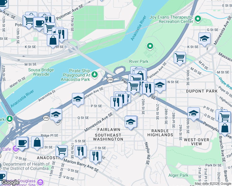 map of restaurants, bars, coffee shops, grocery stores, and more near 1416 22nd Street Southeast in Washington
