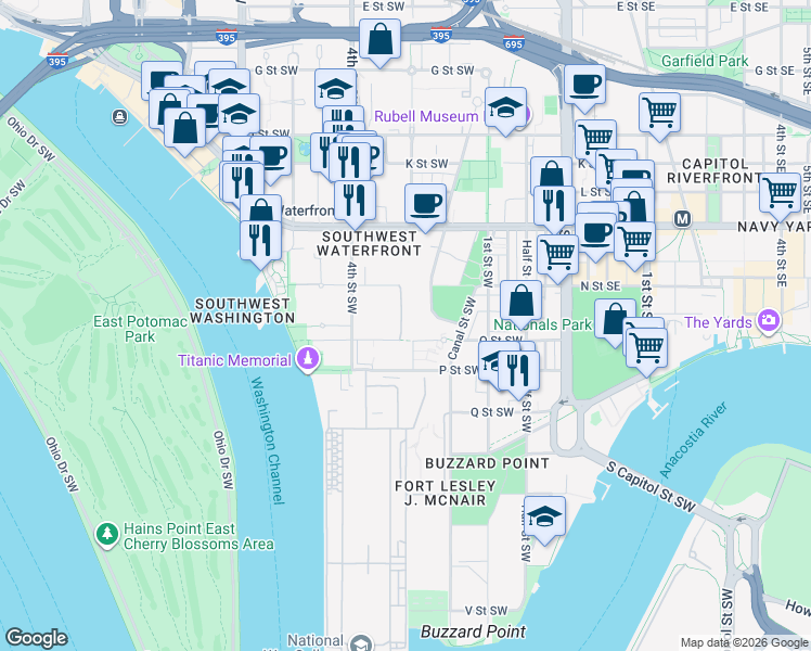 map of restaurants, bars, coffee shops, grocery stores, and more near 101 Independence Avenue Southeast in Washington