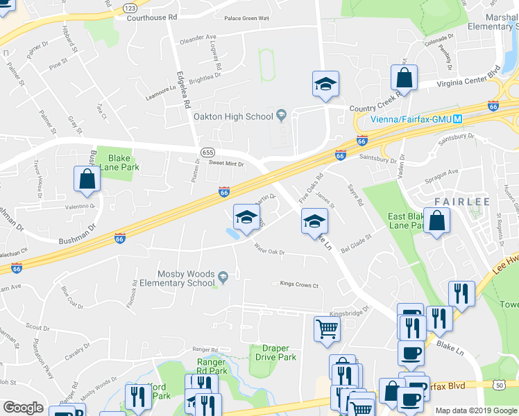 map of restaurants, bars, coffee shops, grocery stores, and more near 3026 Steven Martin Drive in Fairfax