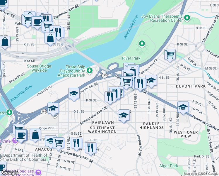 map of restaurants, bars, coffee shops, grocery stores, and more near 1416 22nd Street Southeast in Washington