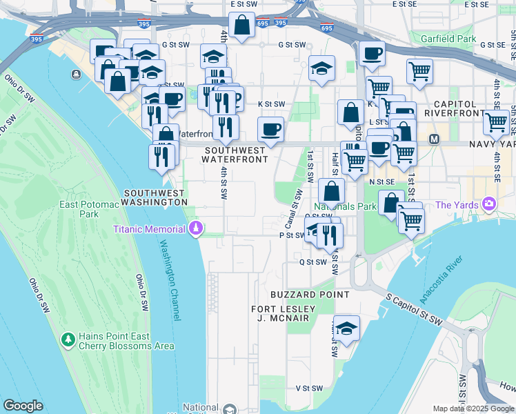 map of restaurants, bars, coffee shops, grocery stores, and more near 1311 Delaware Avenue Southwest in Washington