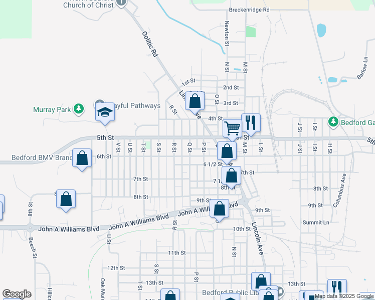 map of restaurants, bars, coffee shops, grocery stores, and more near 512 R Street in Bedford