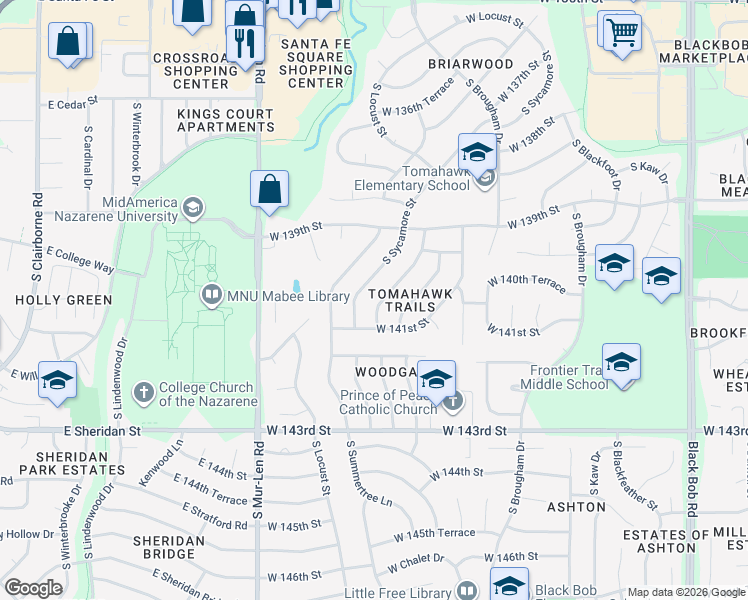 map of restaurants, bars, coffee shops, grocery stores, and more near 13939 South Sycamore Street in Olathe