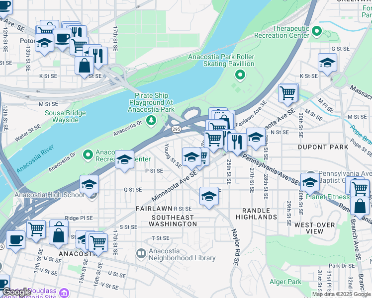 map of restaurants, bars, coffee shops, grocery stores, and more near 1414 22nd Street Southeast in Washington