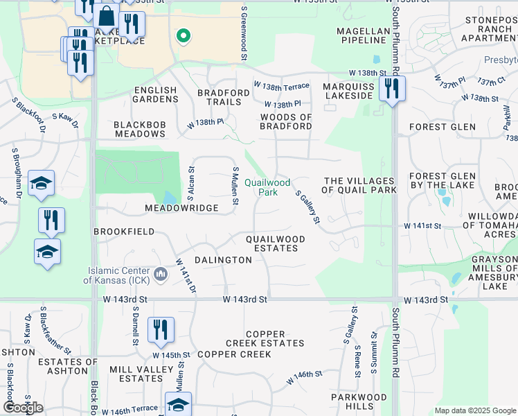 map of restaurants, bars, coffee shops, grocery stores, and more near 14097 South Greenwood Street in Olathe
