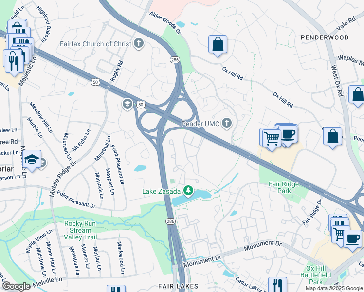 map of restaurants, bars, coffee shops, grocery stores, and more near 4012 Timber Oak Trail in Fairfax