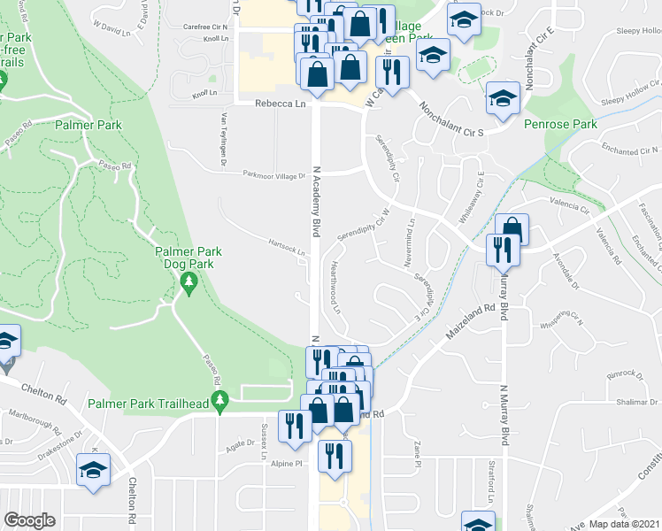 map of restaurants, bars, coffee shops, grocery stores, and more near in Colorado Springs