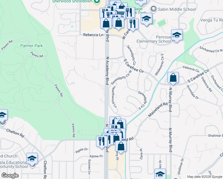 map of restaurants, bars, coffee shops, grocery stores, and more near in Colorado Springs