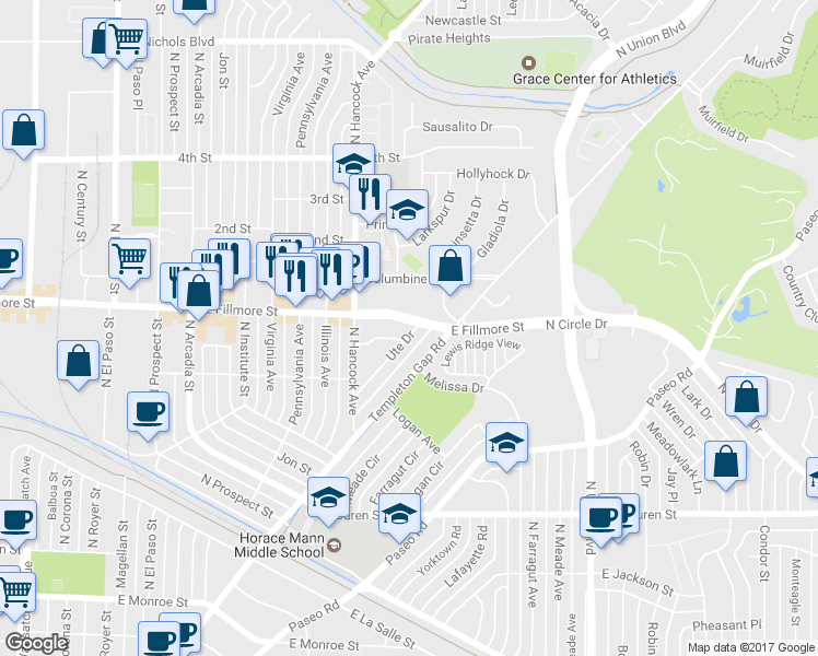 map of restaurants, bars, coffee shops, grocery stores, and more near 2902 Ute Drive in Colorado Springs