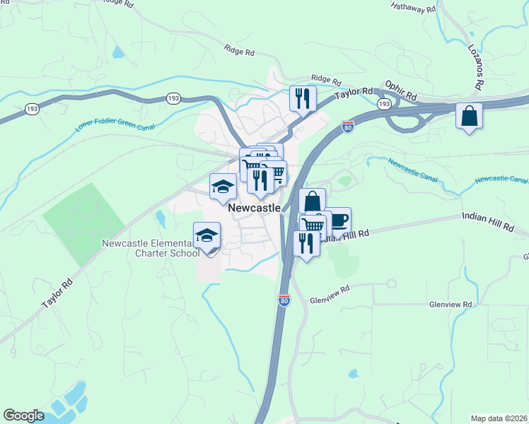 map of restaurants, bars, coffee shops, grocery stores, and more near in Newcastle