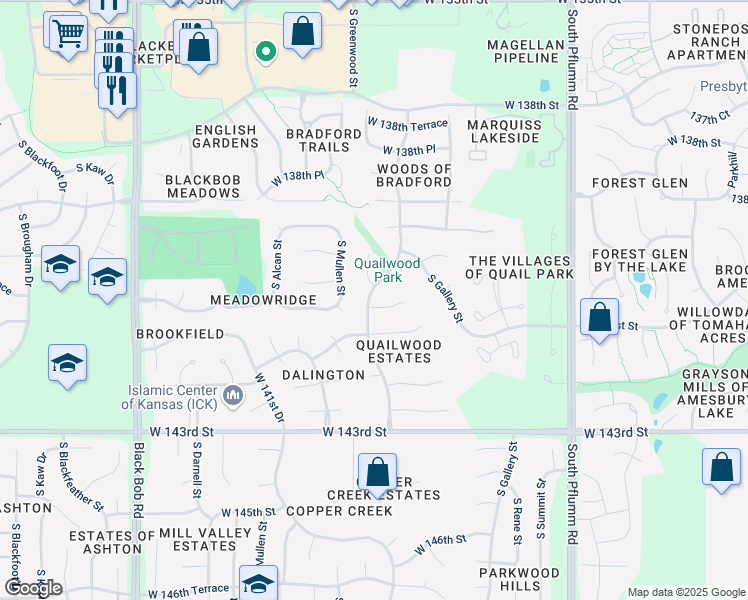 map of restaurants, bars, coffee shops, grocery stores, and more near 14097 South Greenwood Street in Olathe