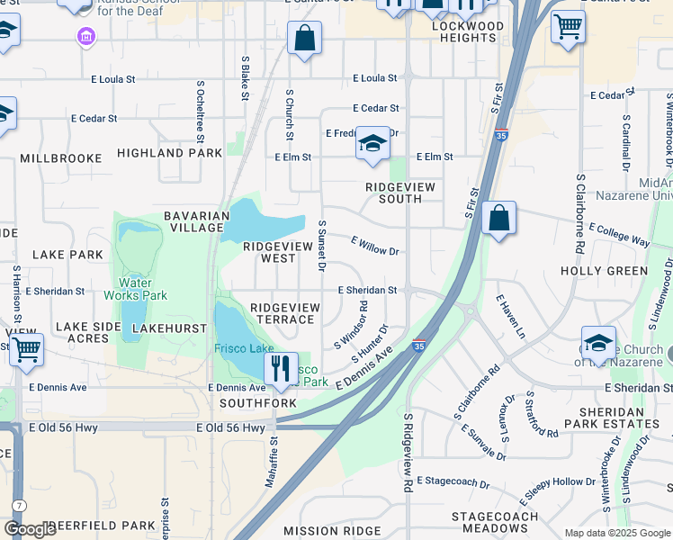 map of restaurants, bars, coffee shops, grocery stores, and more near 714 South Windsor Road in Olathe