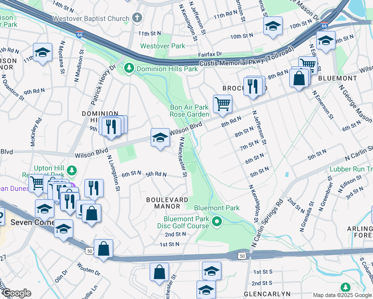 map of restaurants, bars, coffee shops, grocery stores, and more near 846 North Manchester Street in Arlington