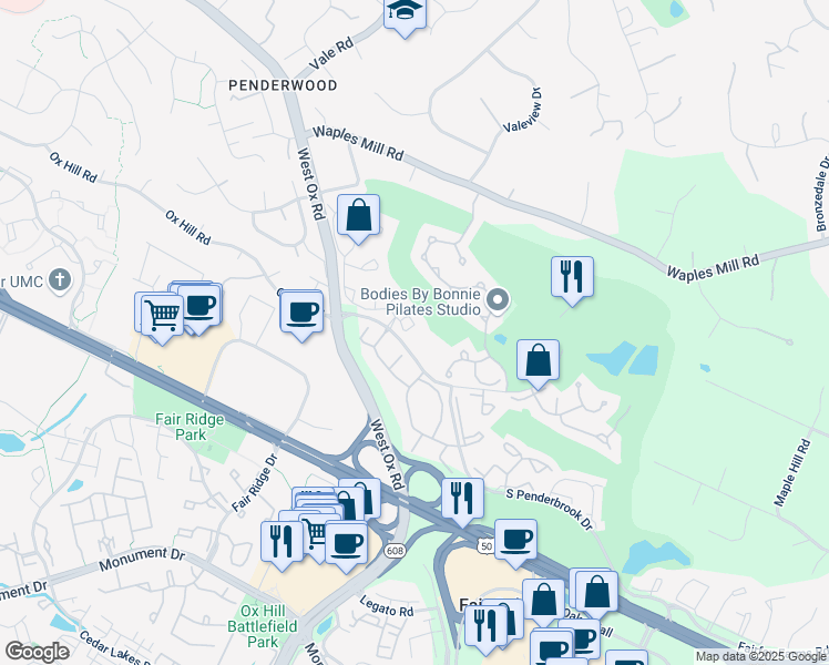 map of restaurants, bars, coffee shops, grocery stores, and more near 12107 Green Ledge Court in Fairfax