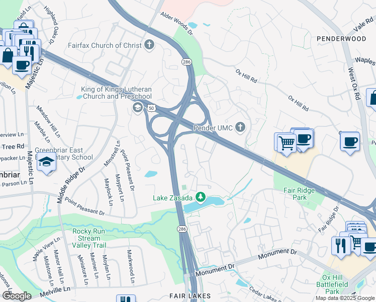 map of restaurants, bars, coffee shops, grocery stores, and more near 4019 Lake Glen Road in Fairfax