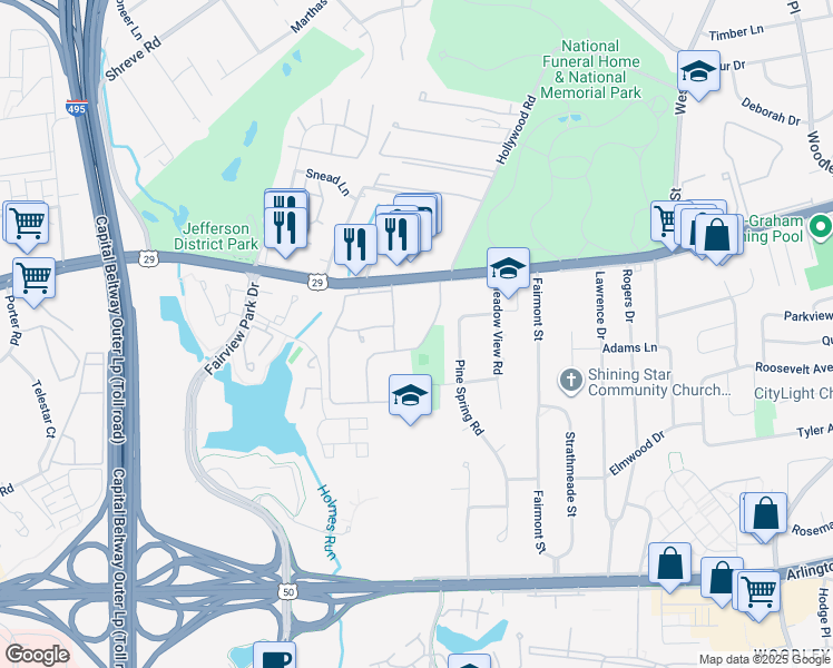 map of restaurants, bars, coffee shops, grocery stores, and more near 2860 Dover Lane in Falls Church