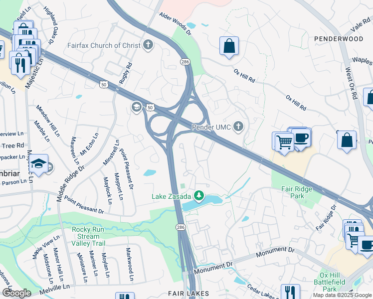 map of restaurants, bars, coffee shops, grocery stores, and more near 4019 Lake Glen Road in Fairfax