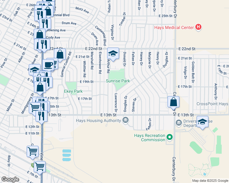 map of restaurants, bars, coffee shops, grocery stores, and more near 1322 East 19th Street in Hays