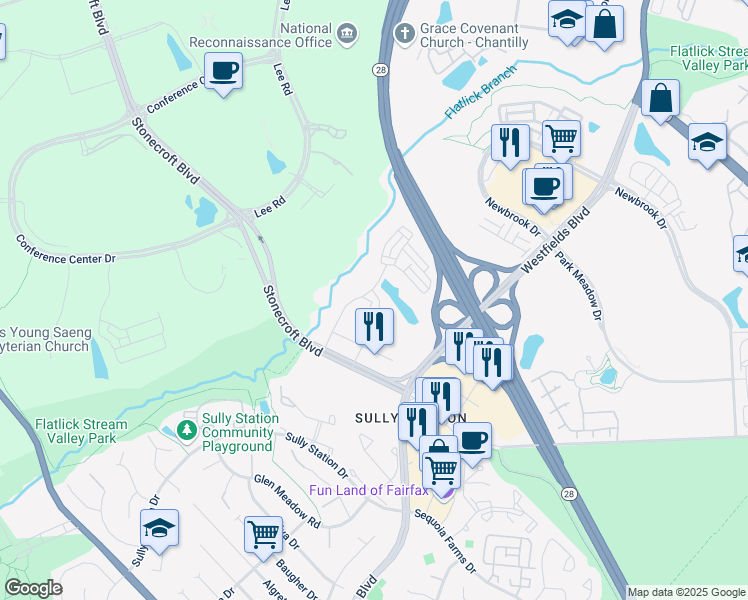map of restaurants, bars, coffee shops, grocery stores, and more near 4965 Lakeside Crossing in Chantilly