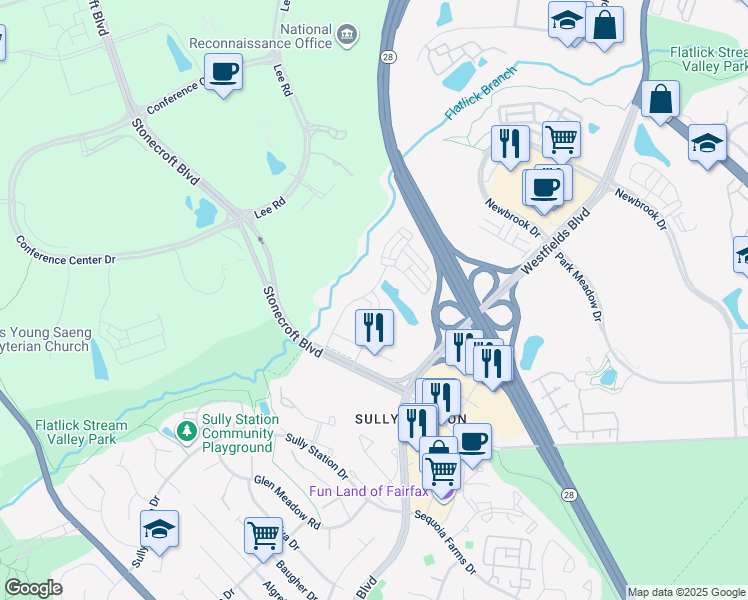 map of restaurants, bars, coffee shops, grocery stores, and more near 4967 Lakeside Crossing in Chantilly