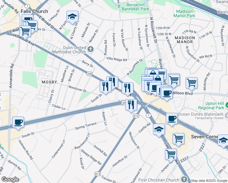 map of restaurants, bars, coffee shops, grocery stores, and more near 6402 Arlington Boulevard in Falls Church