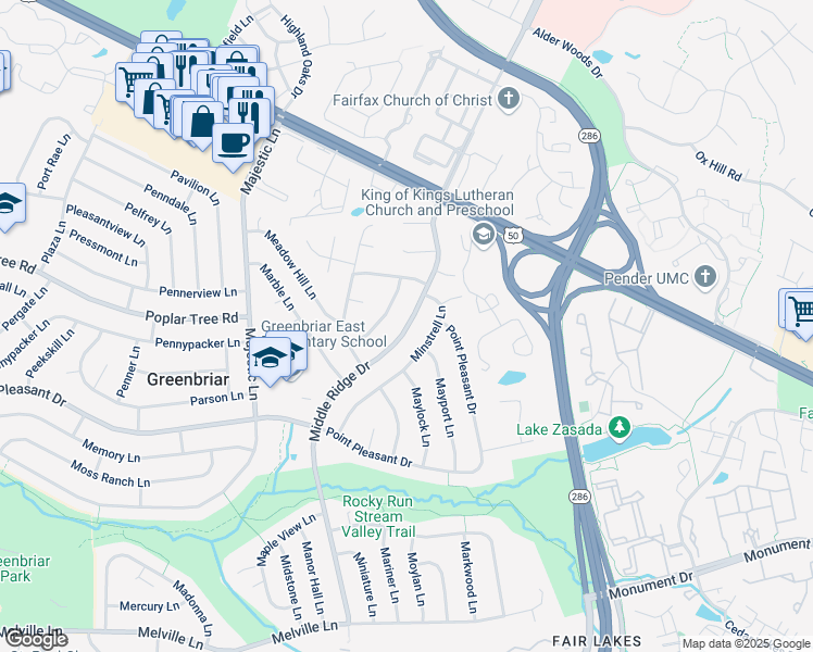 map of restaurants, bars, coffee shops, grocery stores, and more near 0 Fairfax Boulevard in Fairfax