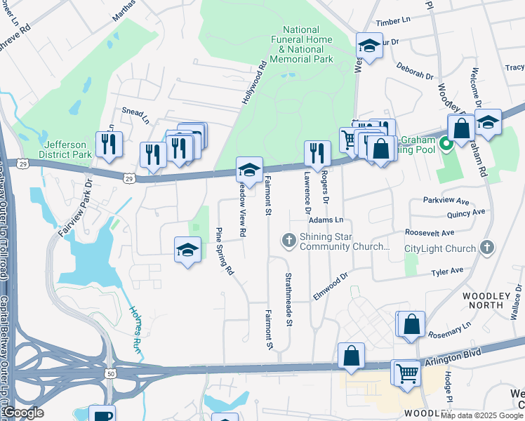 map of restaurants, bars, coffee shops, grocery stores, and more near 2900 Fairmont Street in Falls Church