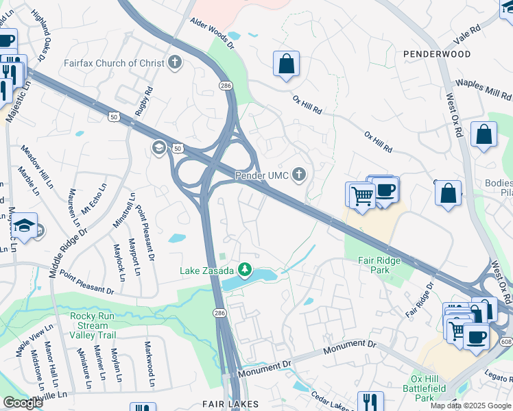 map of restaurants, bars, coffee shops, grocery stores, and more near 4072 Oak Village Landing in Fairfax