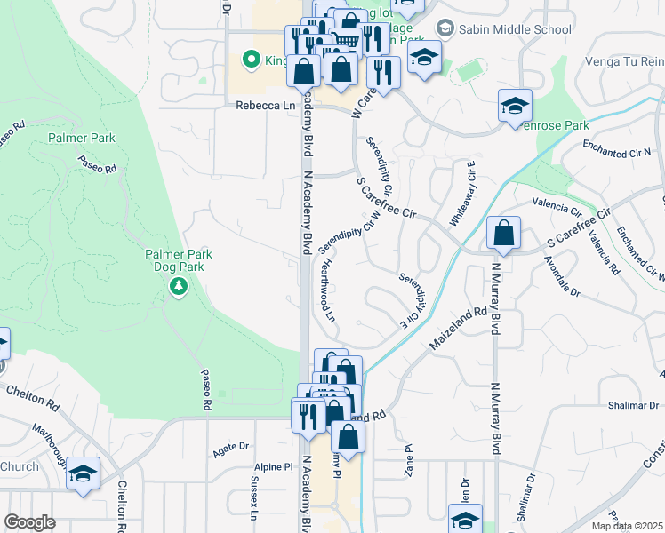 map of restaurants, bars, coffee shops, grocery stores, and more near 2811 Hearthwood Lane in Colorado Springs