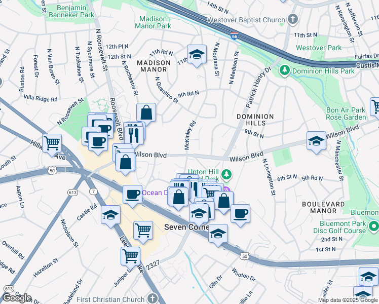 map of restaurants, bars, coffee shops, grocery stores, and more near 845 McKinley Road in Arlington