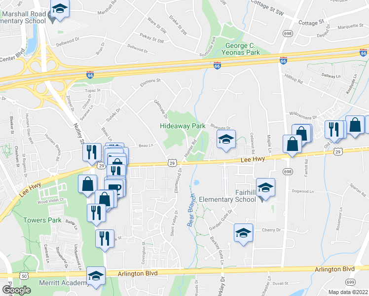 map of restaurants, bars, coffee shops, grocery stores, and more near 2918 Glenvale Drive in Fairfax